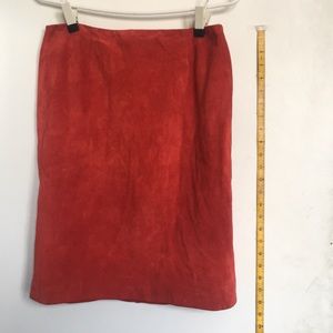 Genuine suede bright orange-red pencil skirt.